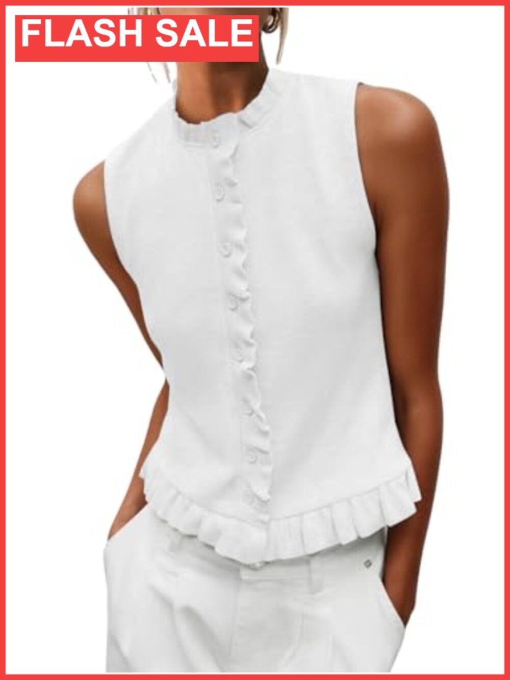 Sleeveless Sweater Vest Mockneck Button Down Ruffle Trim Knit Top